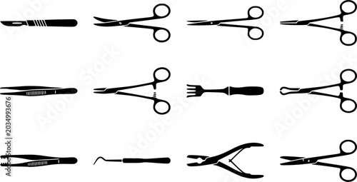 Surgical instruments silhouette icon set, flat black glyph 
style, pure white background
