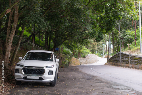 Tableau sur toile A white car parked under shade of huge tree in an empty park.