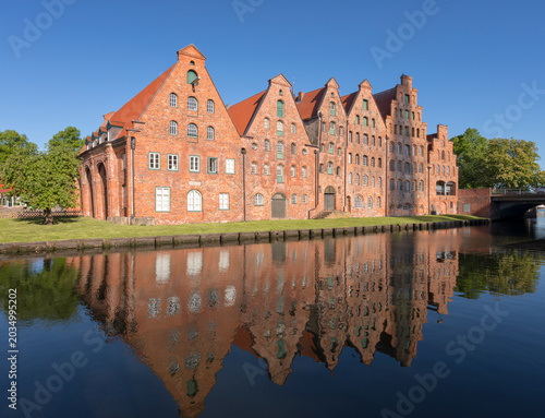 Historic warehouses at Trave river, Lübeck, Germany