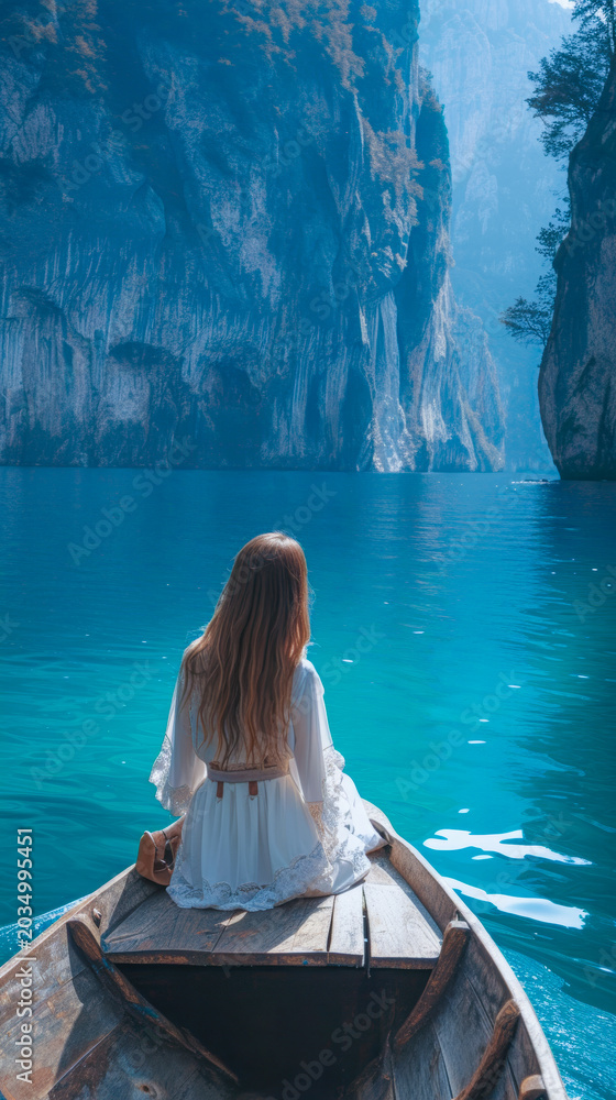 Obraz premium a young lady sitting on a boat on the clear blue water in tai on vacations.