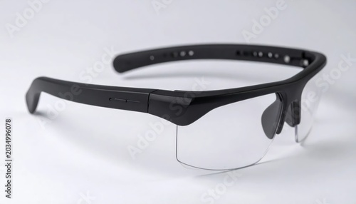 Black Smart Glasses Resting on White Studio Surface