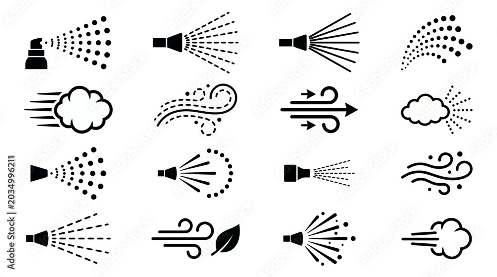 Fototapeta premium Diverse black vector icons showing spray, mist and wind patterns from nozzles, clouds and abstract airflow, Symbolizing atomization, ventilation and atmospheric conditions for graphic design