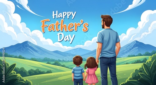 Happy father's day illustration dad with son and daughter enjoying scenic view