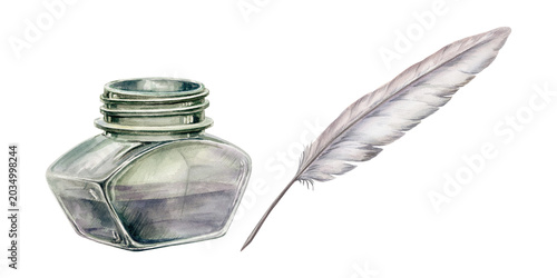Obraz na płótnie Vintage glass inkwell and quill feather watercolor set