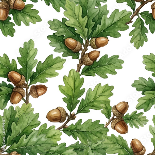 Green oak leaves and brown acorns on branch over white background. Detailed botanical vector seamless pattern for textile print, wrapping paper, fabric design.  Elegant oak tree motifs.