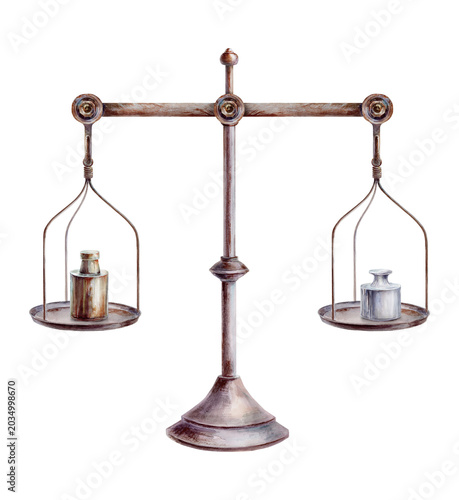 Foto Vintage apothecary balance scales with weights watercolor