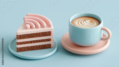 Une part de gâteau au chocolat et un café au lait sur fond pastel