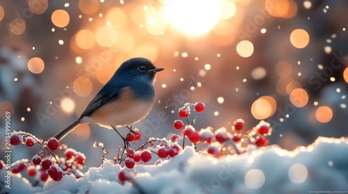 Winter bird on snow with berries, beautiful sunrise, peaceful scene,  use for greeting card
