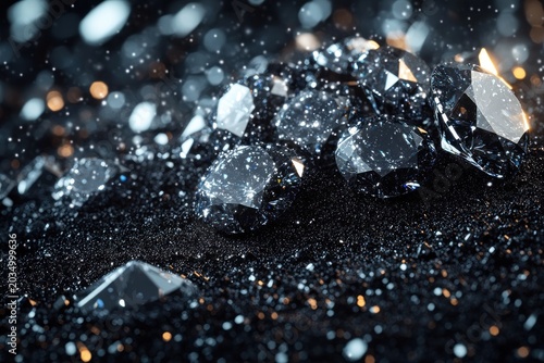 Sparkling diamonds on dark background, glittering gems, luxurious jewelry, display, close-up