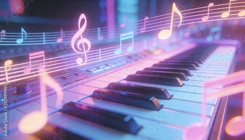 Showing synth keyboard with diagonal keys and control panel in neon-lit studio, holographic notes