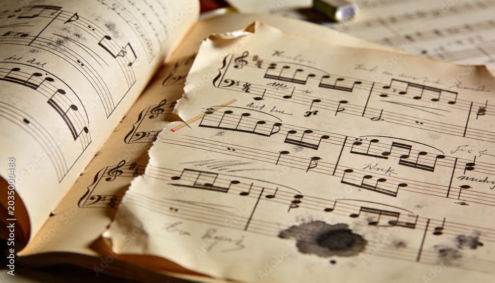 Fototapeta premium Displaying torn aged sheet music page resting on wooden desk, showing ink stains, annotations
