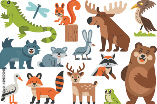 Photography Cute cartoon wild animals collection set with forest, jungle creatures, isolated