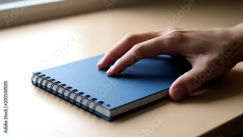 Hand touching a blue notebook on a wooden desk, close-up shot.