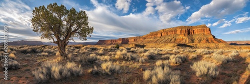 Desert Landscape with lone tree and buttes