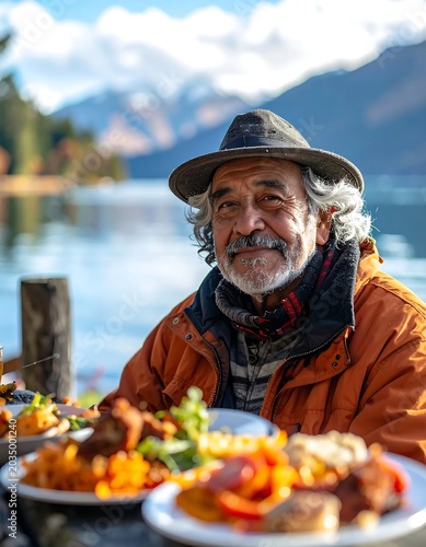 Senior man enjoying a hearty vegetable meal outdoors.