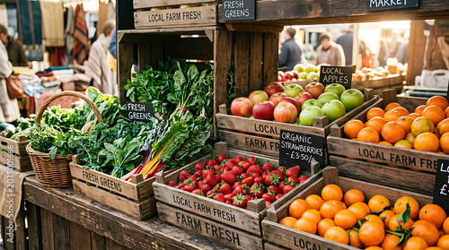Close up of fresh leafy greens strawberries oranges on display at a bustling farmers market stall vegetables strawberries colorful healthy eating nutrition abundance