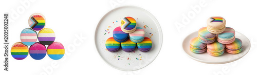 Assortment of sweet rainbow macarons arranged in stacks isolated on transparent background