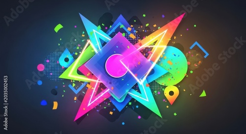 Vibrant Neon Geometric Shapes Abstract Composition on Dark Background.