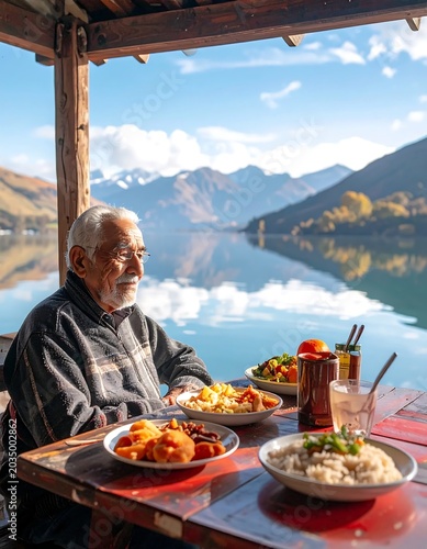 Senior man enjoying outdoor breakfast with mountain view.