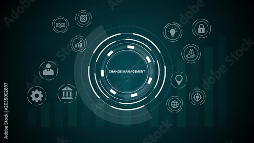 Change management in organization and business concept with consultant presenting icons of strategy, plan, implementation, communication, team, success. 4k animation video