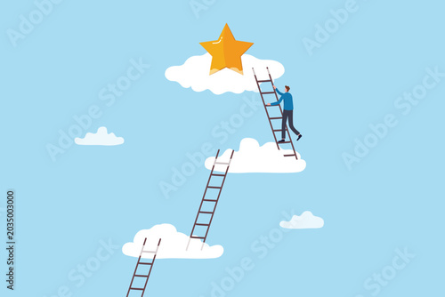 Climb corporate ladder, career growth or stair way to work success, achievement or leadership opportunity, motivation to reach goal or target, businessman climbing ladder on cloud to reach top star.