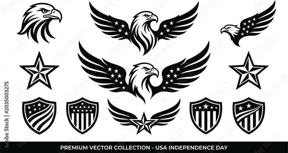 Obraz premium USA Patriotic Eagle and Shield Emblem Elements Vector Set for July 4th