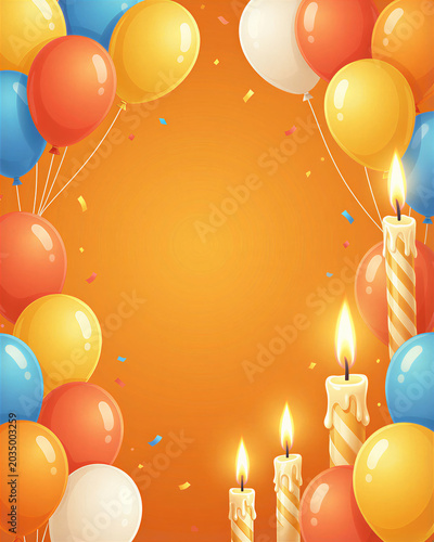 Colorful balloons and lit candles on a vibrant orange background celebrating a birthday.