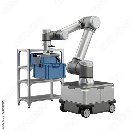 Mobile robot lifting blue bin on transparent background