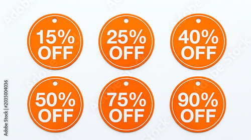 Collection of circular orange sale labels and price stickers displaying different discount percentages for marketing and clearance events with discount percentage promotional marketing shopping