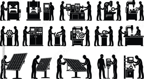 Foto Industrial Manufacturing and Solar Energy Worker Silhouettes with Factory Automa