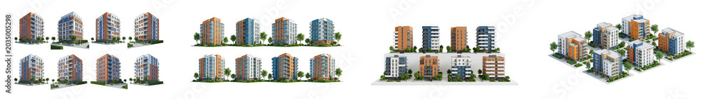 Fototapeta premium Isometric city building collection modern skyscrapers and architecture isolated on transparent background