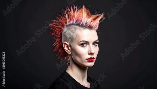 Edgy Young Woman Posing with Spiked Pink Red Mohawk in Dark Studio Portrait