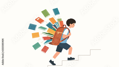 Minimalist Flat Vector Illustration of Elementary School Boy Climbing Stairs, Overloaded Backpack Spilling Colorful Textbooks Depicting Heavy Student Academic Load