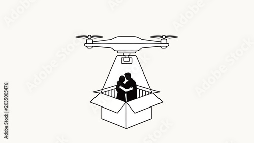 Conceptual minimalist monochrome line art of a delivery drone scanning an open cardboard box holding an embracing romantic couple
