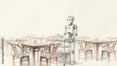 Soft muted watercolor ink illustration of a friendly service robot pushing a tea cart in a quiet empty traditional Chinese teahouse with bamboo chairs and wooden tea tables