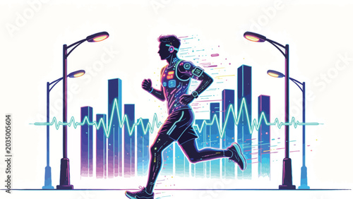 Futuristic Neon Silhouette of Male Runner with Wearable Fitness Tech, Heart Rate Monitor Line, Urban City Skyline, Cyberpunk Sports Illustration on Bright White Background