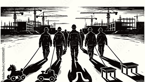 Black and White Linocut Surreal Art: Silhouetted Hard Hat Construction Workers Walking Towards Crane-Filled Building Site Pulling Children's Toys, Work and Fatherhood Metaphor
