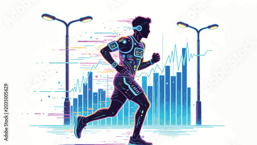 Futuristic Neon Cyberpunk Illustration of a Male Runner with Wearable Fitness Tech, Urban Street Setting with Fitness Data Charts, Glowing Cyan and Magenta Palette