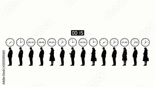 Minimalist Black and White Conceptual Infographic Illustrating Queuing People, With Individual Clocks Showing Varied Wait Times And A Central 15-Minute Digital Timer
