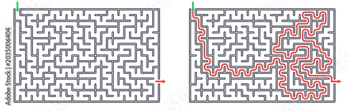 Two maze designs showing one unsolved maze on the left and the same maze with the solution marked in red on the right for easy navigation