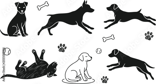 Tableau sur toile Playful dog silhouette and sketch icon set featuring puppies running jumping sit