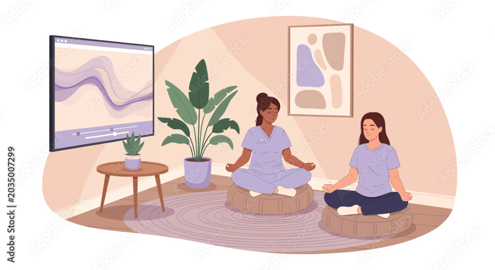 Fototapeta premium Guided Meditation Session with Instructor and Participant Relaxing