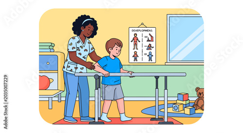 Child Development Assessment with Physical Therapist and Parallel Bars