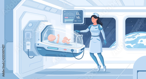 Futuristic Medical Care in Space with Nurse Monitoring Infant Health