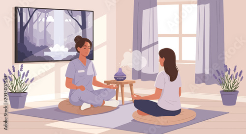 Professional Meditation Session with Instructor and Participant in Bright Room
