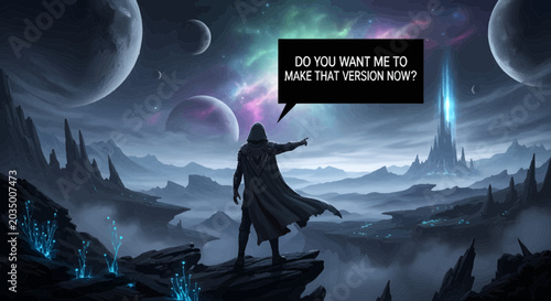Mystical Hooded Figure Creating Futuristic Alien Landscape with Planets