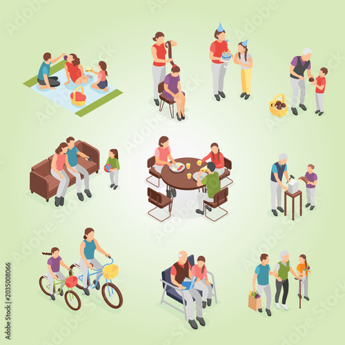 Billede på lærred Isometric family with kids parents with children walking eating at home and on n