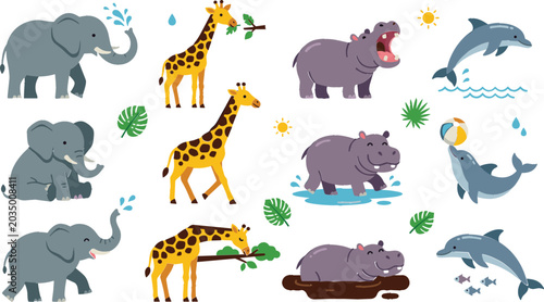 Tablou pe pânză Cute Flat Safari and Marine Animal Vector Set Featuring Elephants Giraffes Hippo