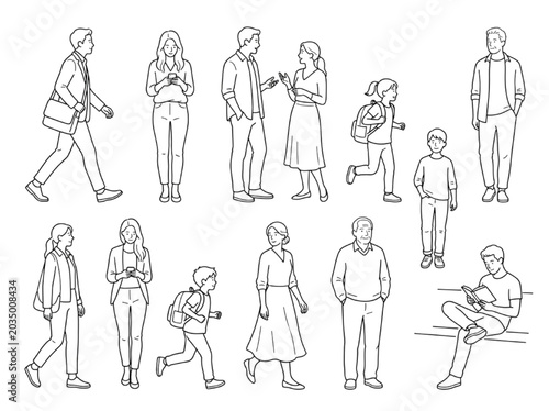 Diverse CAD line art figures illustrating people in various everyday activities, perfect for architectural visualization, urban design, and planning schematics