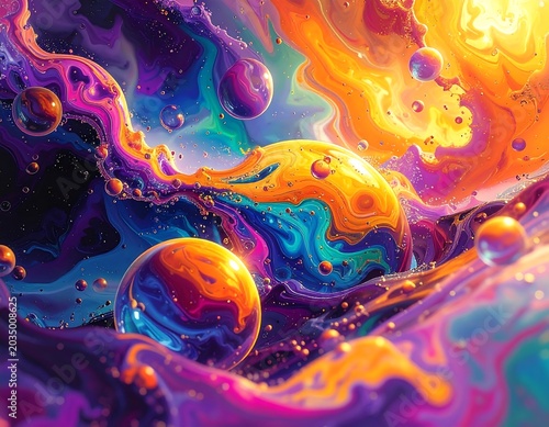 Vivid Abstract Liquid Swirls Flowing Around Glossy Spheres in Cosmic Background